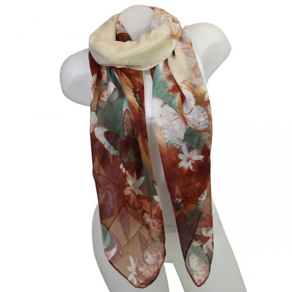 Hnědo-béžový dlouhý šátek s motýli a květinami
